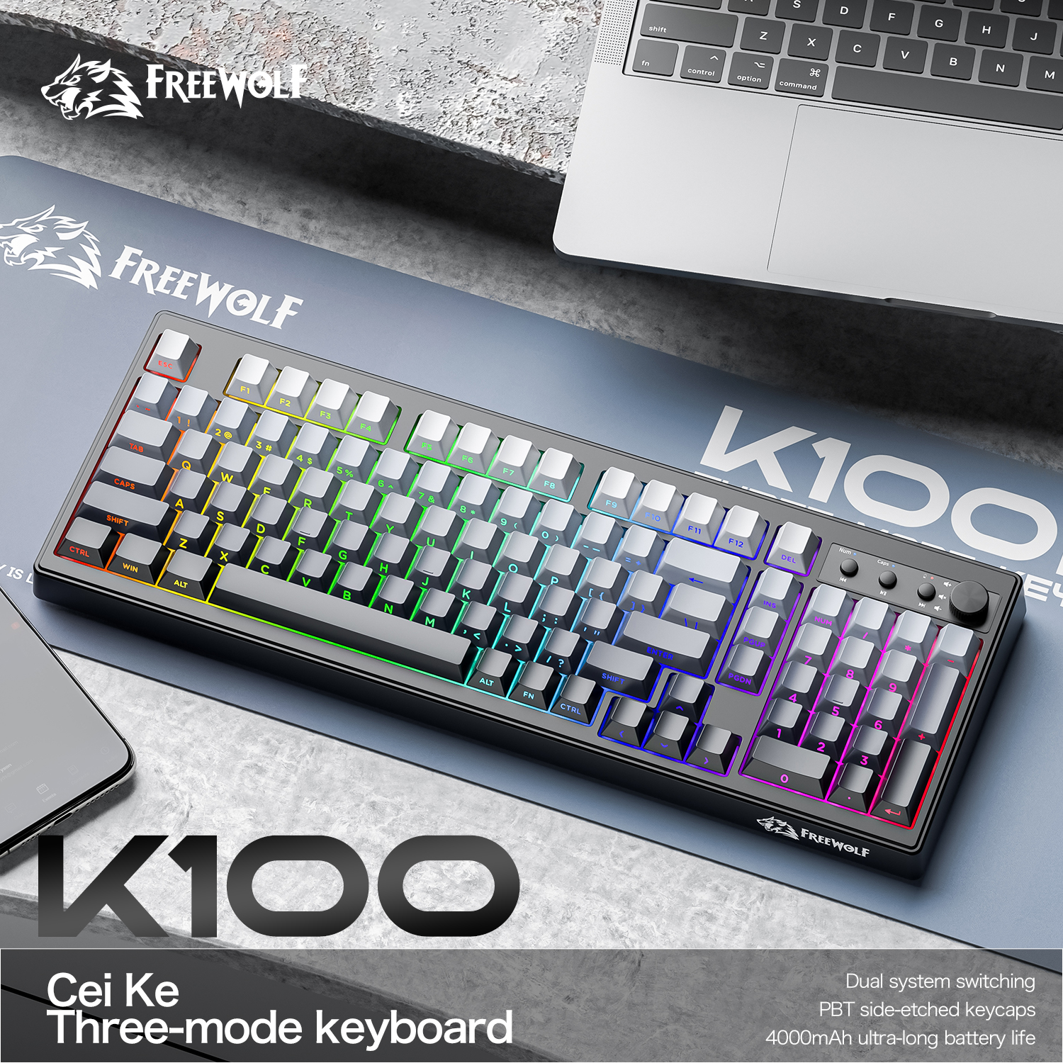 FREEWOLF k100 three-mode silen - đánh giá và giá Gaming Keyboard Ergonomic