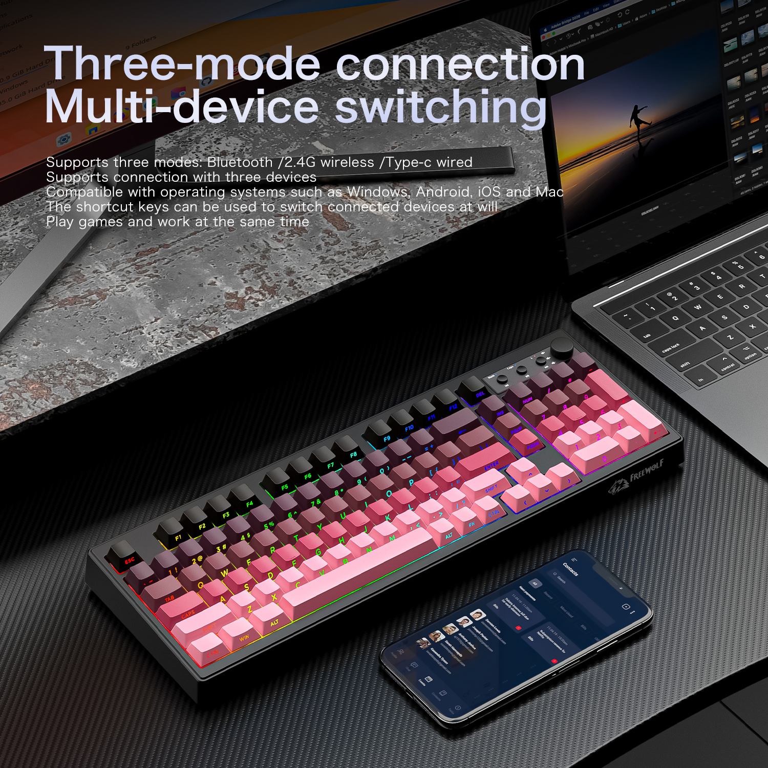 FREEWOLF k100 three-mode silen - đánh giá và giá Gaming Keyboard Ergonomic